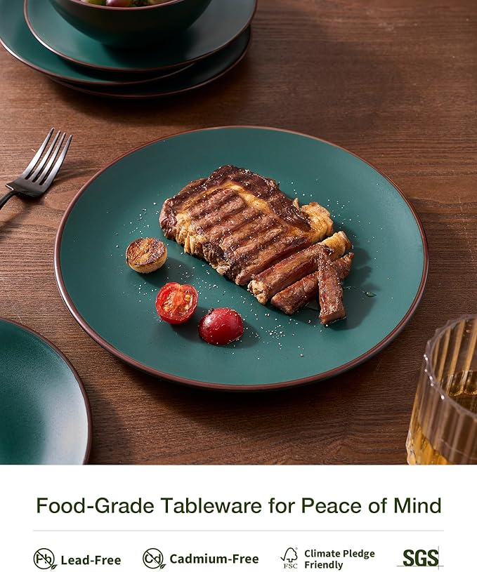 Famiware Venus Ceramic Plates and Bowls Sets, Speckled Dinnerware Dish Sets for 8 (24 Pieces) - Microwave and Dishwasher Safe, Matte Dark Green