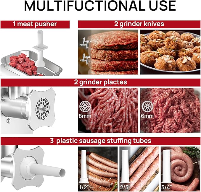 Electric Meat Grinder #12, 1.0 HP Heavy Duty Stainless Steel Meat Mincer, 2400W Max, Includes 2 Blades, 2 Plates & 3 Sausage Stuffing Tubes, Meat Grinder for Home Kitchen & Restaurant Use