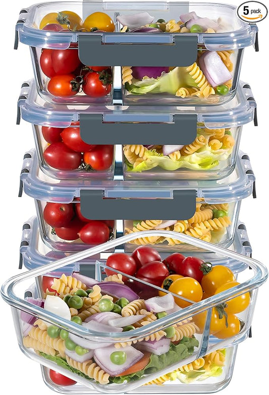MFY 5-Pack 36 OZ Glass Storage Containers with Lids - 2 Compartment Meal Prep Set, Airtight Glass Lunch Containers, Microwave, Oven, Freezer & Dishwasher Safe, Gray