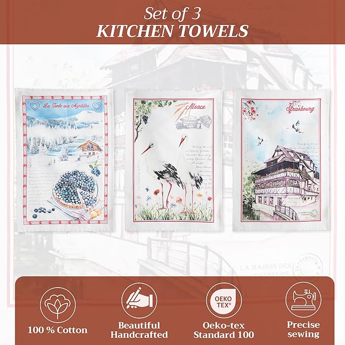 Maison d' Hermine Kitchen Towels Set of 3 100% Cotton 27.50" x 20" Reusable Cloth Tea Dish Towels Absorbent with Hanging Loop for Kitchen, Home, Dining, Cocktail Parties Spring/Summer (Mulhouse)