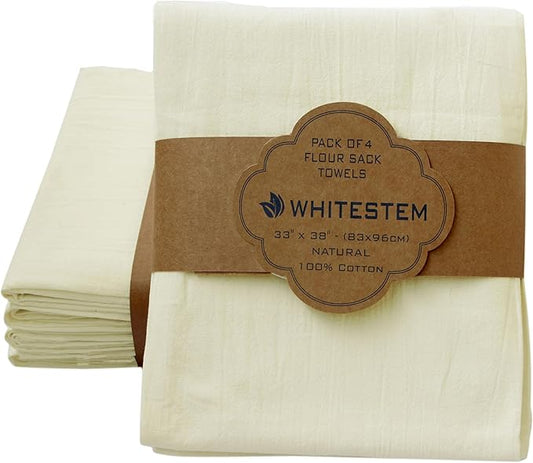Flour Sack Towels | Tea Towel for Crafts| Kitchen Dish Cotton Blank Towel for Embroidery| Baking Bread Proofing Linen Cover| Thick Absorbent Quick Dry | 4 Pack 33"x38" Natural