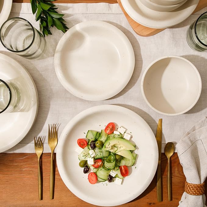 Bloomhouse - Two Time Oprah's Favorite Things Winner - Corsica Clay 12 Piece Stoneware Rustic Reactive Glaze Dinnerware Set - Stackable Plates and Bowls Set. Service for 4 - Matte Sea Salt White