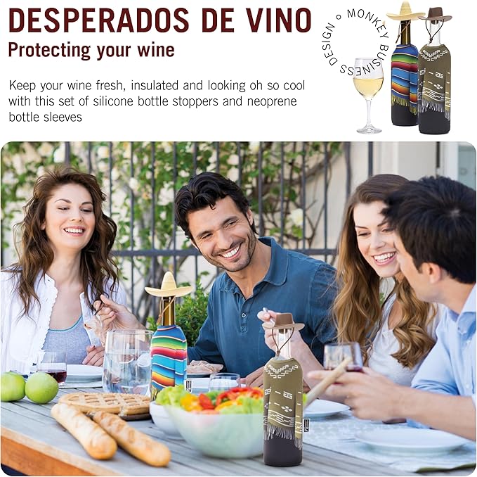Monkey Business Giftbox for Wine Lovers – 2 Neoprene Wine Bottle Poncho Covers + 2 Silicone Wine Stoppers – Funny Wine Gifts for Hosts and Parties – Insulated Wine Sleeves – Fits 750ml Bottles