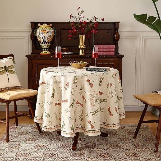 French Tablecloth for Round Tables,Linen Table Cloth with Flowers and Red and Green Dragonflies Pattern,Heavy Durable Table Cover for Dining Kitchen Decor Party Christmas,Diameter 67"