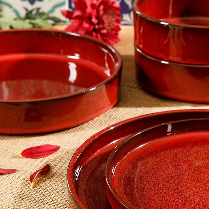 Bloomhouse Santorini Mist Double Bowl Terracotta Reactive Glaze Plates and Bowls Dinnerware Set - Garnet Red, Service for Four (16pcs)