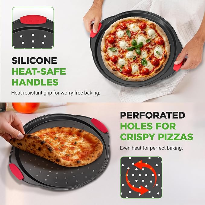 NutriChef 13-Inch Nonstick Pizza Tray - Round Carbon Steel Non-Stick Pizza Pan with Perforated Holes, Premium Bakeware Pizza Screen with Silicone Grip Handles, Dishwasher Safe - NCBPIZ1