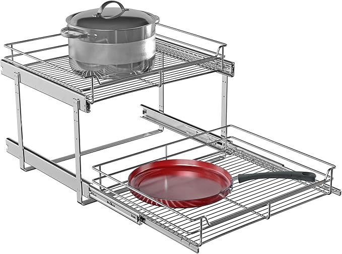 2-Tier Cabinet Pull Out Shelves (20" W x 22" D), Slide Out Shelves for Kitchen Cabinets, Metal Pots and Pans Organizer for Under Cabinet