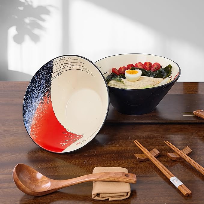 Japanese Ramen Bowl Set with Red Fuji Design - 60oz Large Ceramic Bowls, Spoons, Chopsticks for Ramen, Pho, Salad, Poke - Premium Gift for Ramen Lovers - Microwave & Dishwasher Safe