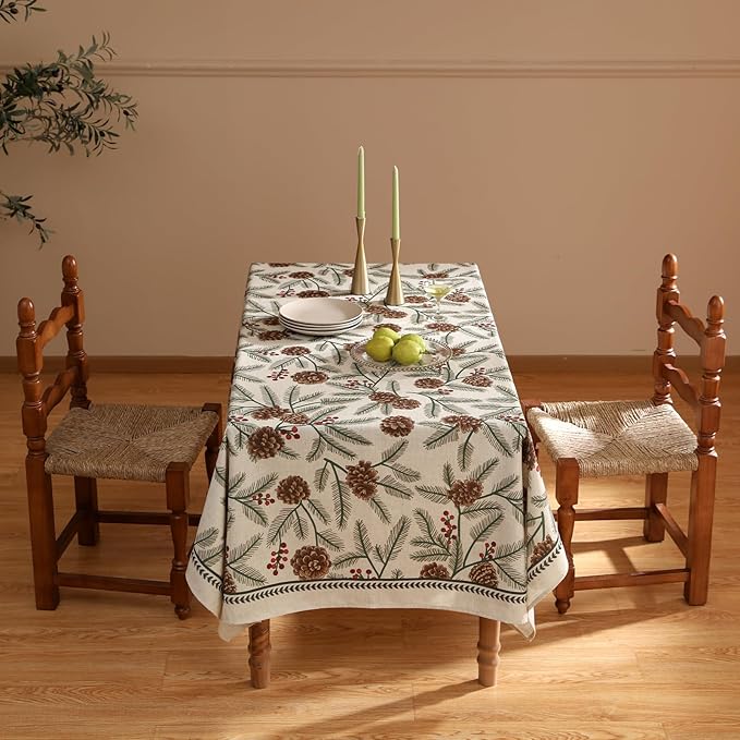 Christmas Tablecloth for Square Tables,Linen Table Cloth with Leaves and Pinecones Pattern,Heavy Durable Table Cover for Dining Thanksgiving Kitchen Decor Party Banquet Christmas,67"*67"