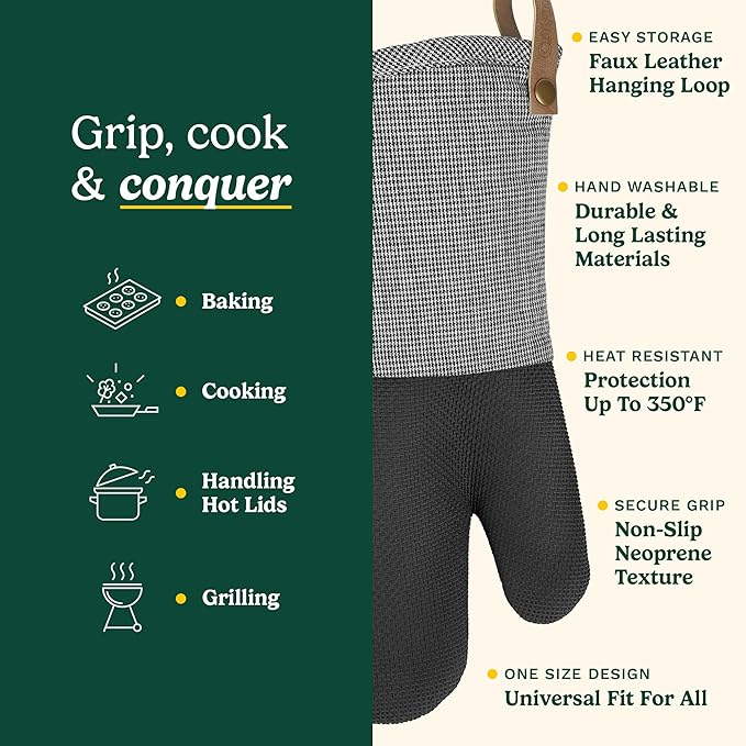 Cuisinart Heritage Kitchen Oven Mitts – Heat-Resistant Kitchen Mitts for Oven with Non-Slip Neoprene Palm, Long Cuff, and Cotton Filling – Durable Oven Gloves for Cooking, Baking, & Grilling
