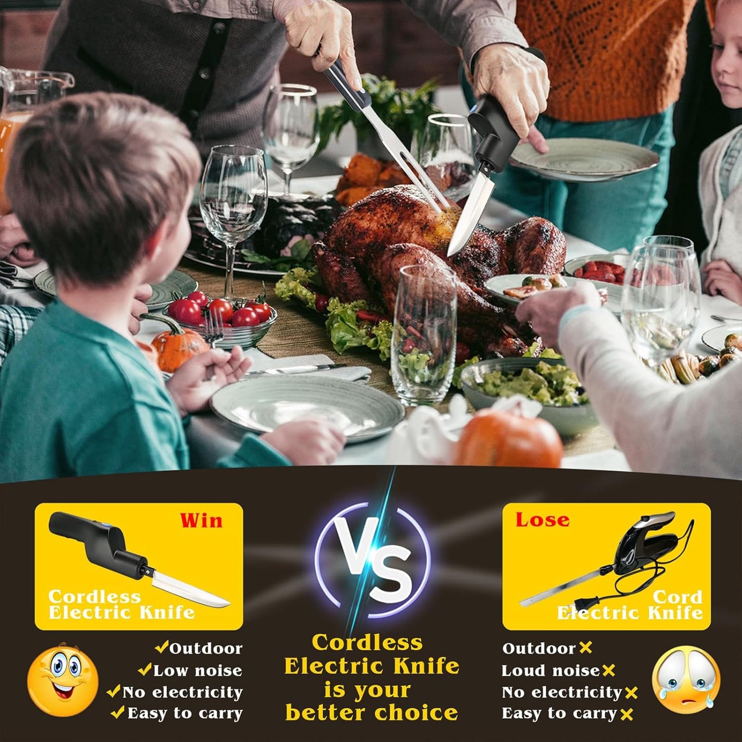 YOTAN Cordless Electric Knife, Electric Turkey Carver, Portable Rechargeable Lithium Electric Knife with Safety Lock, for Carving Meat, Turkey, Steak, Fish, Poultry, Bread, Vegetables, Handmade