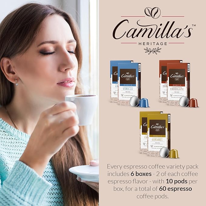 Camilla’s Heritage - Intensity 8 Flavored Espresso Coffee Variety Pack (Gourmet Chocolate, Vanilla & Caramel Espresso Cups) 60 Coffee Pods