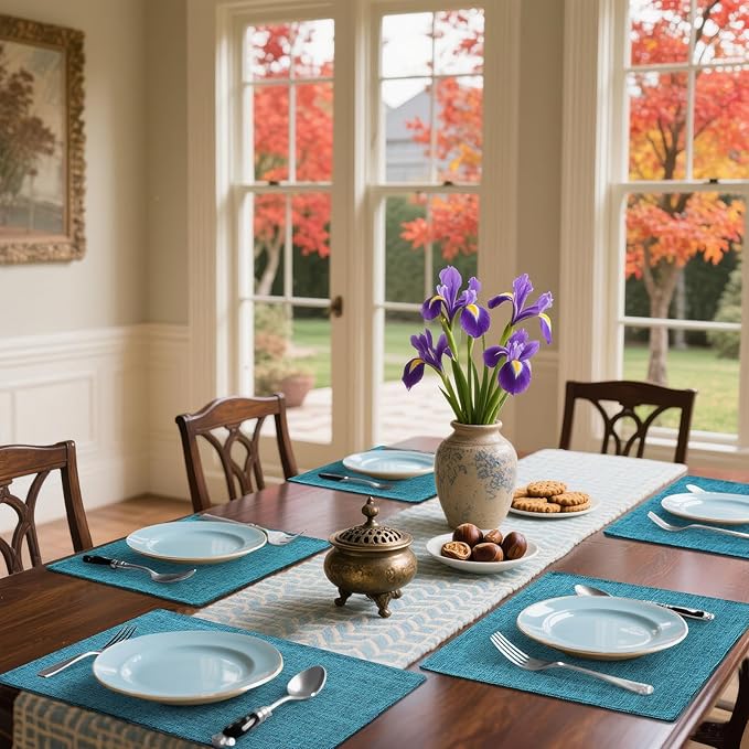 Homaxy Cloths Placemats for Dining Table Set of 6, Heat Resistant Washable Cotton Linen Blend Table Mats, Easy to Clean Place Mats for Indoor Outdoor Party Kitchen Decoration, 13" x 19", Teal