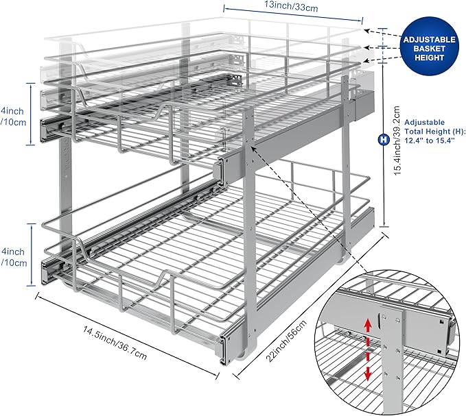 2 Tier Pull Out Cabinet Organizer 15" W X 22" D, Slide Out Drawers For Kitchen Cabinets, Pull Out Drawers For Cabinets Capacity Heavy Duty Caddy, Cabinet Pullout Shelves Chrome-Plated,Bathroom Pantry