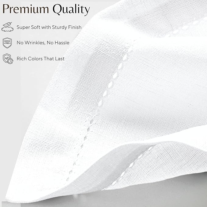 Decorative Cloth dinner Napkins With Hemstitched-Flax Cotton -White color,20x20,Wedding / Cocktails Napkins, Mitered Corners,Machine Washable, Set of12