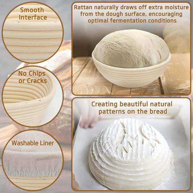 Banneton Bread Proofing Basket 8.5 Inch Sourdough Baking Rising Banaton Proofer Box Warmer Baskets Round Bowl Cover Bowls Making Small Bulk Set of 2 Kit Supplies Tools Rattan for Home Bakers Gifts