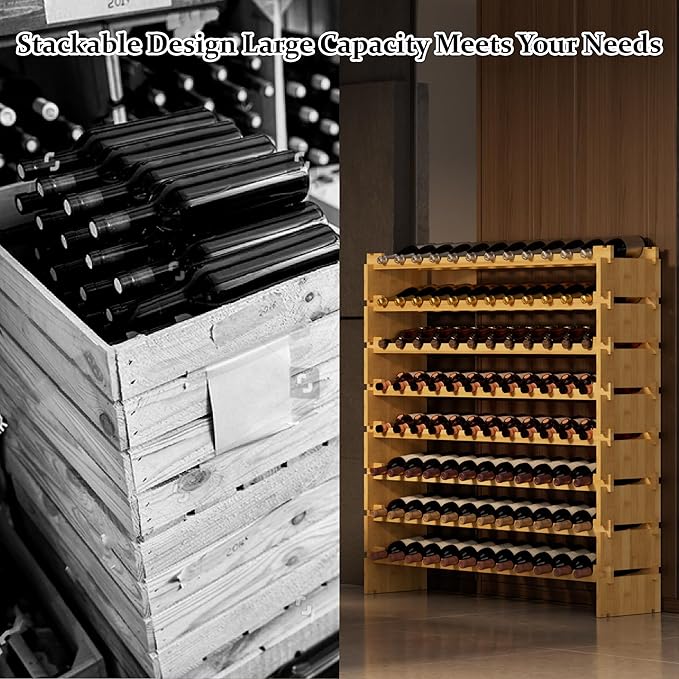 Bambloom Wine Rack Freestanding Floor, Wooden Stackable Bottle Storage Rack for Kitchen,Cellar. 96 Bottles Wine Holder Display Shelves for Champagne(Bamboo)