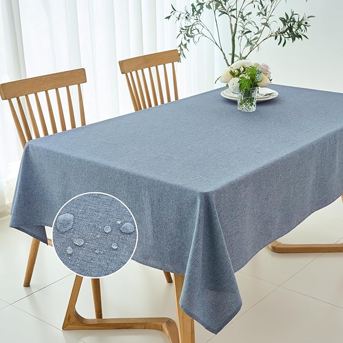 maxmill Rectangle Linen Texture Tablecloth Stain Proof Waterproof Wrinkle Free Washable Dining Table Cloth Wipeable Fabric Dining Room Table Cover Farmhouse Tablecloths, 60 x 120 Inch, Demin Blue