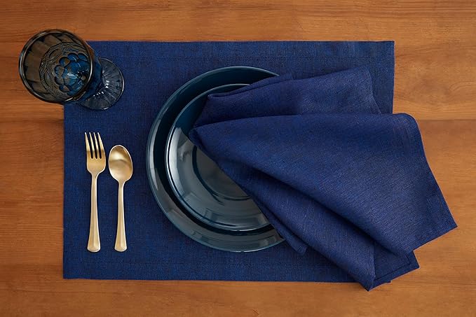 Solino Home Linen Cloth Placemats Set of 4-100% Pure Linen Royal Blue Placemats 14 x 19 Inch for Christmas - Athena