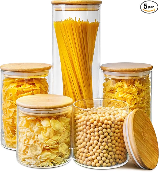 Multi Size - 5 Pack Glass Jars with Bamboo Lids, Glass Pantry Storage Containers with Airtight Lids, Round Air Tigh Food Storage Canisters for Cereal, Pasta, Flour, Sugar, Best for Kitchen Organizer