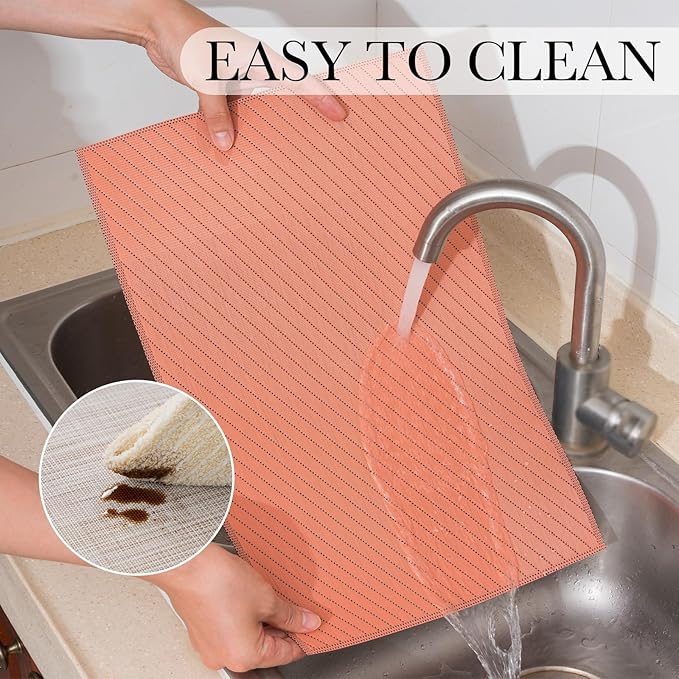 BACKTOEDEN Placemats Set of 6 Heat Resistant Washable Wipeable Placemat Woven Non-Slip Foldable Vinyl/Plastic Place Mats Indoor/Outdoor Mat Kitchen Dining Table Pad, Orange Twill