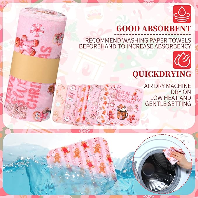 36 Pack Reusable Cleaning Cloths Washable Cotton Kitchen Dish Towels for Home Christmas Party Supplies Bulk, 9.84x11.81in (Pink Gingerbread)