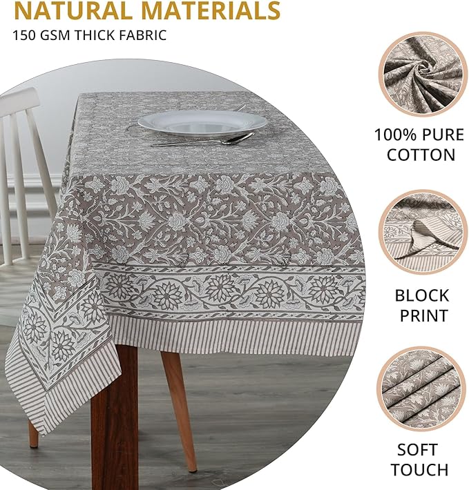 Ridhi Taupe Hand Block Print Cotton Rectangle Tablecloth 118 x 70 inch-Reusable Table Cover Decorative Everyday Use for Dining Room, Farmhouse, Thanksgiving, Christmas Wedding, Fall