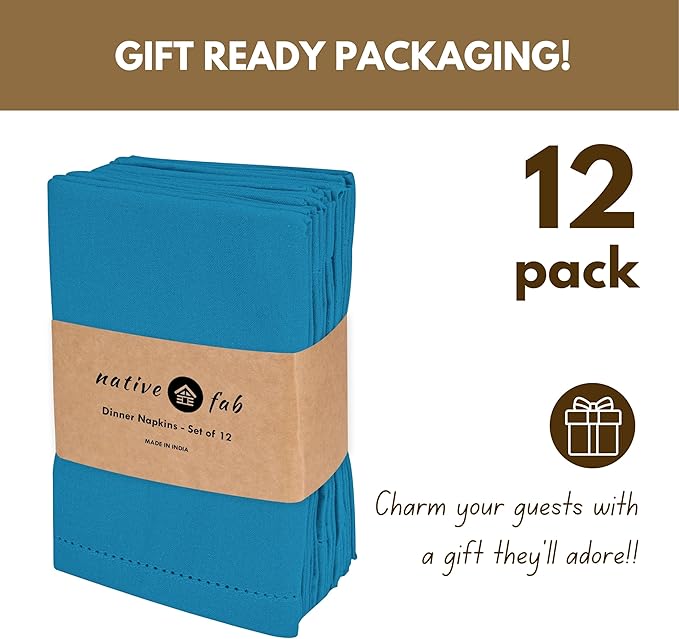 Native Fab Cloth Napkins Set of 12, 18x18 inch, Hemstitched Edges with Mitered Corners, Soft, Absorbent, Reusable Cotton Napkins for Celebrations, Events, Lunch, Dinner - Turquoise Blue