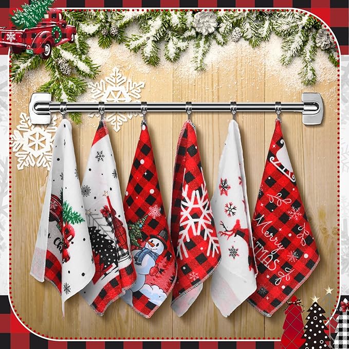 36 Pcs Christmas Reusable Paper Towels Rolls Washable Bulk Christmas Snowman Snowflake Winter Red Plaid Dish Towels Paperless Reusable Cloth Cotton Napkin with Cardboard for Kitchen Bathroom