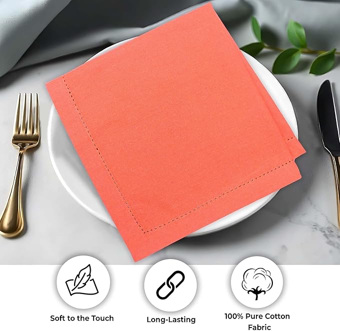 Urban Villa Fall Cloth Napkins Hemstitch Dinner Napkins Orange Color 20''x20'' (Set of 12) 100% Cotton Absorbent Napkins Soft Durable Reusable Washable Ideal for Events Parties Everyday use