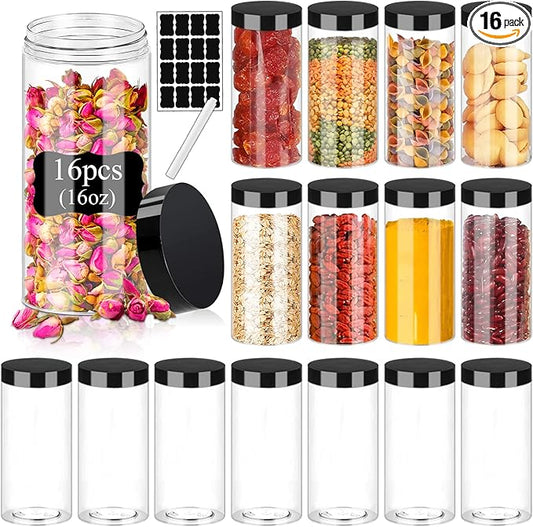 Plastic Jars with Lids 16OZ 16PCS Small Empty Slime Cosmetics Containers Clear Gift Food Jars Round PET Cream Jars with Black Lids Pen Labels for Kitchen Storage Spices Dry Food Butter