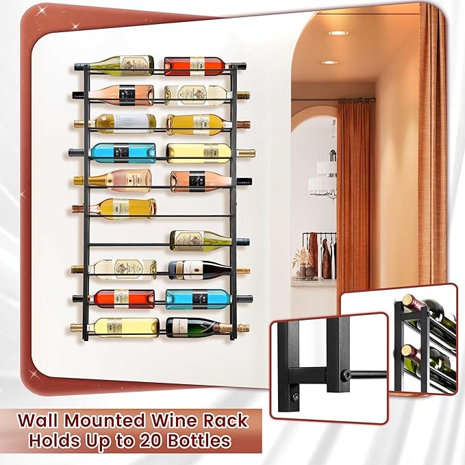 Wall Mounted Wine Rack: Large Wall Mount Wine Rack, 20 Bottle Wall Hanging Metal Wine Bottle Shelf, Wine Storage Holder Organizer Display for Kitchen, Dining Room, Bar, Wine Cellar
