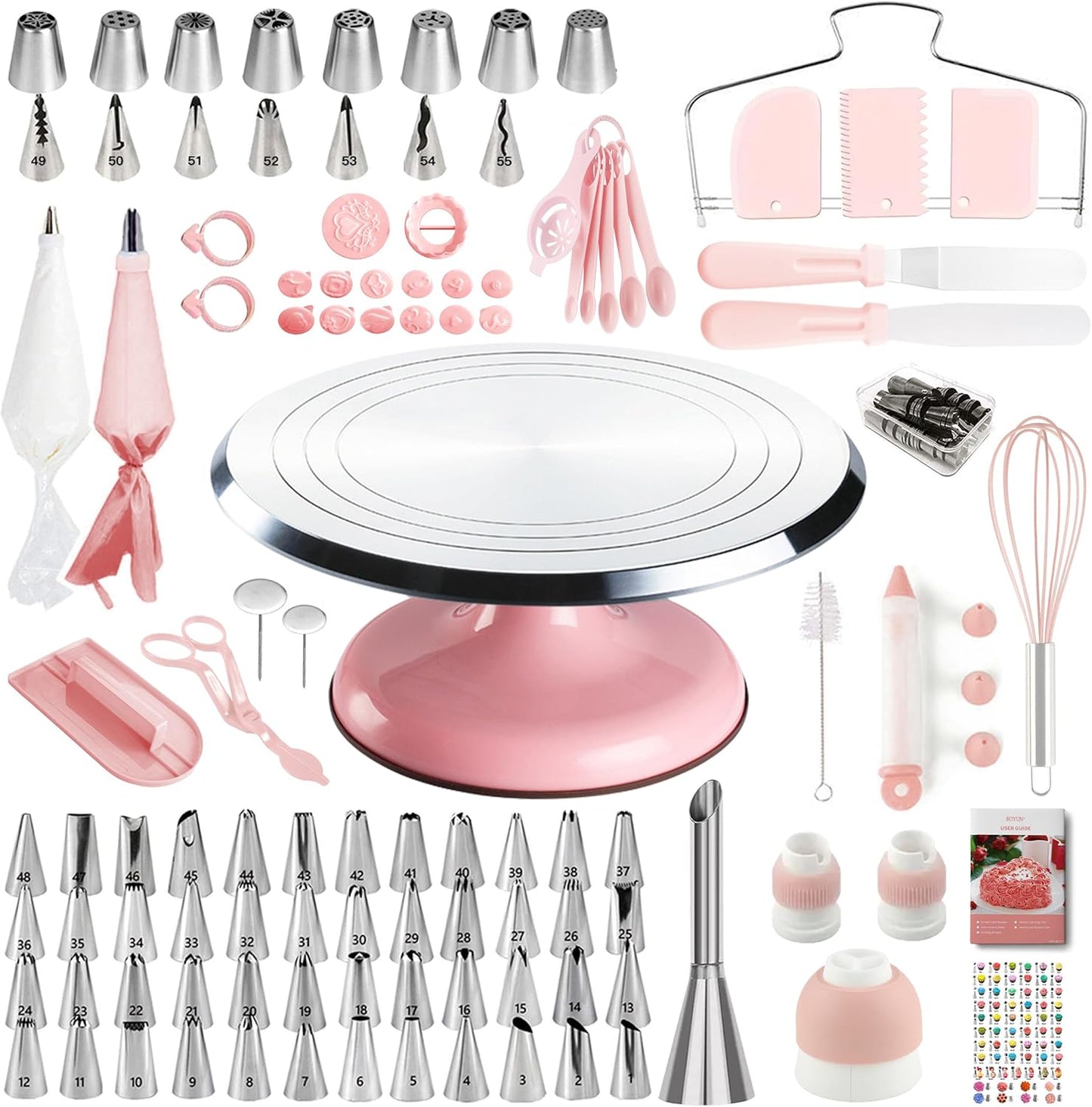 Cake Decorating Kit, 138pcs Cake Decorating Supply with 12 Inch Aluminium Cake Turntable, 64 Numbered Icing Piping Tips, 2 Spatulas, 3 Icing Comb Scraper and Leveller, Piping Bags,cake decorating tool