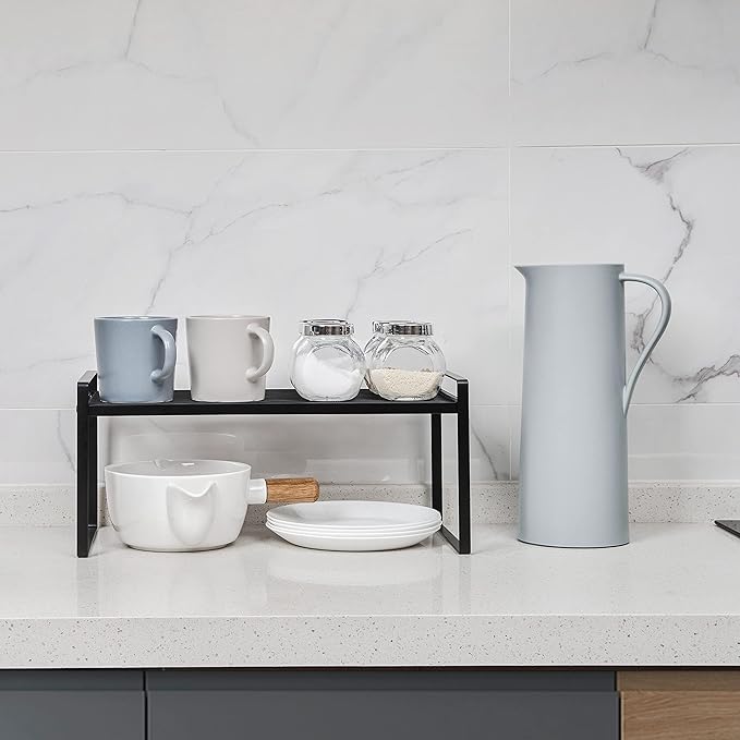 2Pack Cabinet Shelf Organizer Storage Rack Space Saving for Kitchen Counter Pantry Bathroom Cupboard Under Sink Office Table Desk Steel Stackable Rust Resistant Heavy Duty Nonslip 16” Black