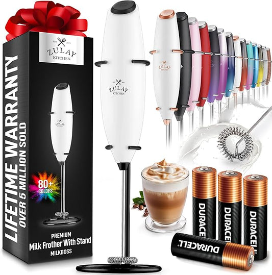 Zulay Kitchen Powerful Milk Frother Wand With 4 AA Duracell Batteries - Ultra Fast Handheld Drink Mixer - Electric Whisk Foam Maker for Coffee, Lattes, Cappuccino, Matcha & Creamer