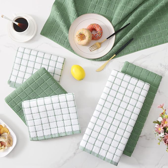 Homaxy Premium Cotton Kitchen Towels 16"x 28", Large Natural Ring Spun 390 GSM Dish Towels, Super Absorbent Terry Kitchen Hand Towels, Soft Tea Towel with Hanging Loop, Grass Green Check, 8 Pack