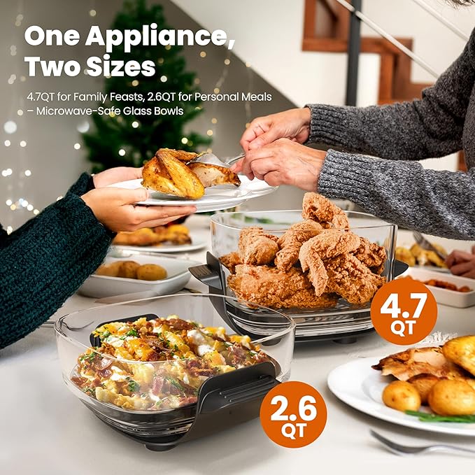 Kismile Upgraded 5-in-1 Glass Air Fryer, Portable Airfry with Dual Glass Bowl Design(4.7 QT & 2.6QT), Adjustable Temp &Time, Freezer & Dishwasher Safe, Bake, Roast, Air Fryer, Keep Warm, Crisp