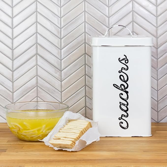AuldHome Design Rustic White Cracker Tin; Square Enamelware Classic Cracker Canister