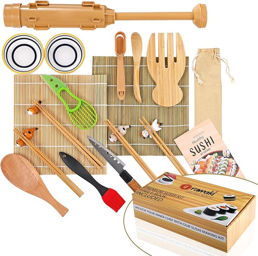 Havaro Sushi Making Kit, 21-Piece Sushi Roller Kit for Beginners & Pros with Knife, 2 Bamboo Rolling Mats, Bazooka and Dipping Plate, Chopsticks – Premium Sushi Gift Box