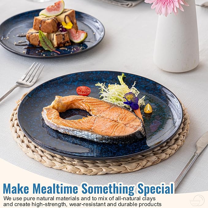 Plates and Bowls Sets, 12 Pieces Dark Blue Dinnerware Sets for Kitchen, Reactive Glaze Dishes Set for 4, Dishwasher and Microwave Safe, Series Starflecked Shore(Dark Blue)