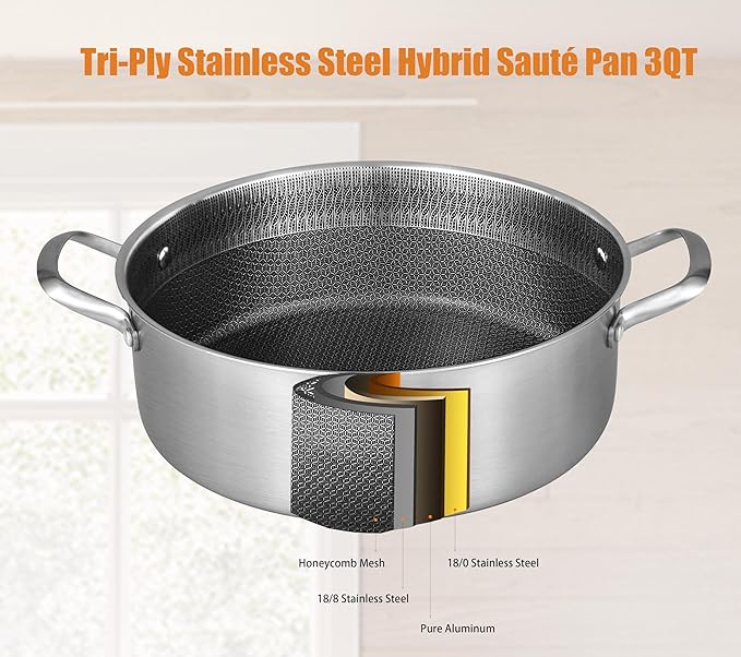 Inqibee 3 QT Hybrid Tri-Ply Stainless Steel Non Stick Sauté Pan with Lid,10 Inch Induction Deep Frying Pan,Skillet,Jumbo Cooker,Dishwasher and Oven Safe