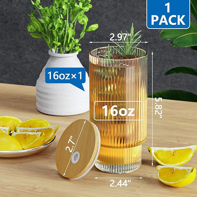 16 OZ Glass Cup with Lid and Straw, Vintage Ribbed Glassware for Whiskey Cocktail Beer, Iced Coffee Cups with Lid, Glass Tumbler with Straw and Lid (1 PACK)