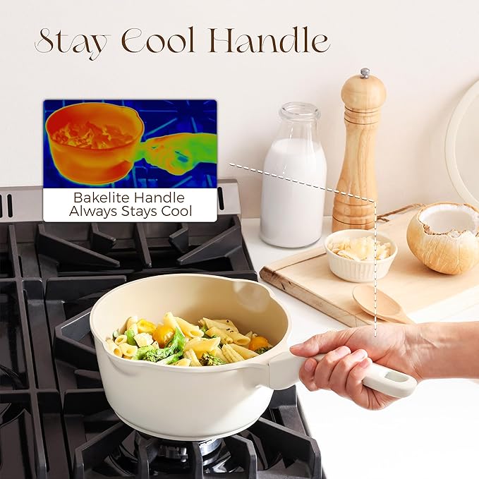 PRICUSIS Ceramic Nonstick Saucepan with Lid, 2.7 Quart Non Toxic Pot with Pour Spouts, Full Coated, 100% Dishwasher Safe, Induction Compatible & Oven Safe, PTFE PFAS & PFOA Free, Coconut White