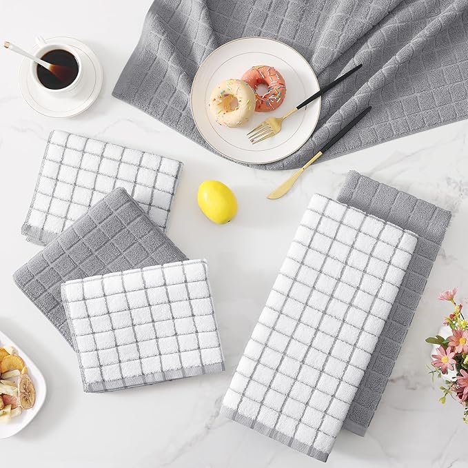 Homaxy Premium Cotton kitchen towels 16"x 28", Large Natural Ring Spun 390 GSM Dish Towels, Super Absorbent Terry Kitchen Hand Towels, Soft Tea Towel with Hanging Loop, Light Grey Check Design, 8 Pack