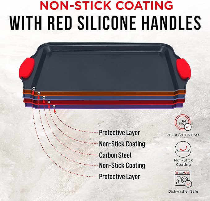 BAKKEN Kitchen Baking Pans - 15.15 x 10.03" Medium Nonstick Sheet, Durable Carbon Steel Cookie Sheet with Red Silicone Handles, PFOA, PFOS, PTFE Free, Oven Safe Tray (Up To 450°F), Set of 1