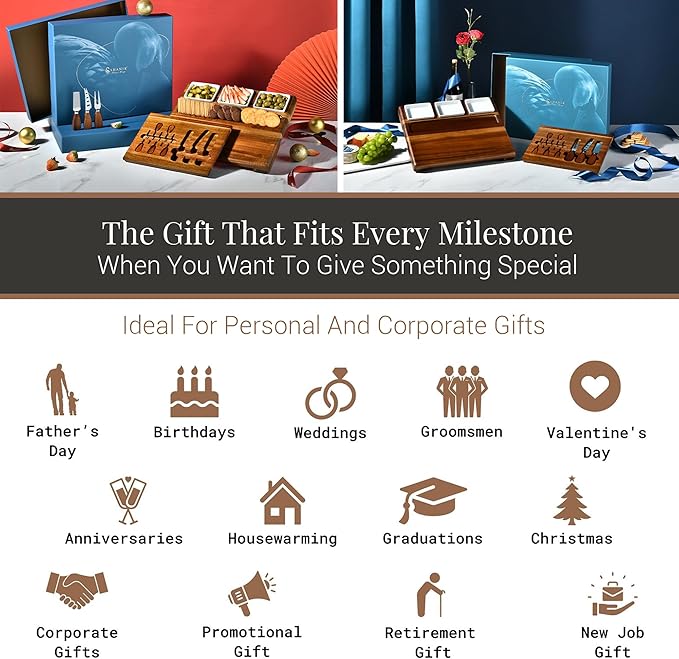 Shanik Large Acacia Wood Charcuterie Board Set with 3 Removable Ceramic Bowls & Serving Utensils - Housewarming, Wedding, Bridal Shower, Home and Kitchen, New Home Gift Ideas for Women, Gifts for Her