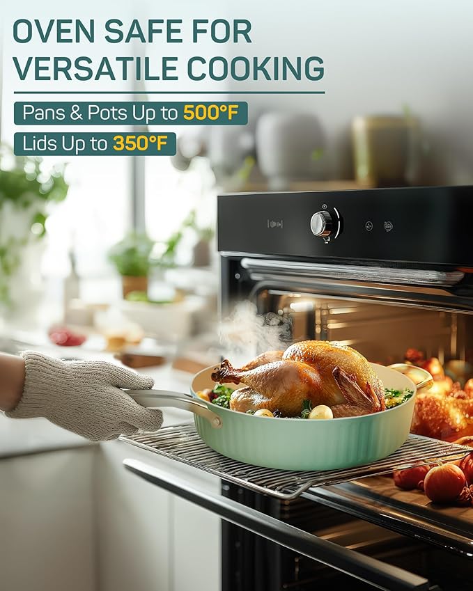 10Pcs Nonstick Cookware Set, Ciwete Tri-Ply Ceramics Cookware Set, Kitchen Pots and Pans with Stay Cool Ergonomic Handle, Dishwasher Safe, Oven Safe, Gift, Compatible with All Stovetop, Green