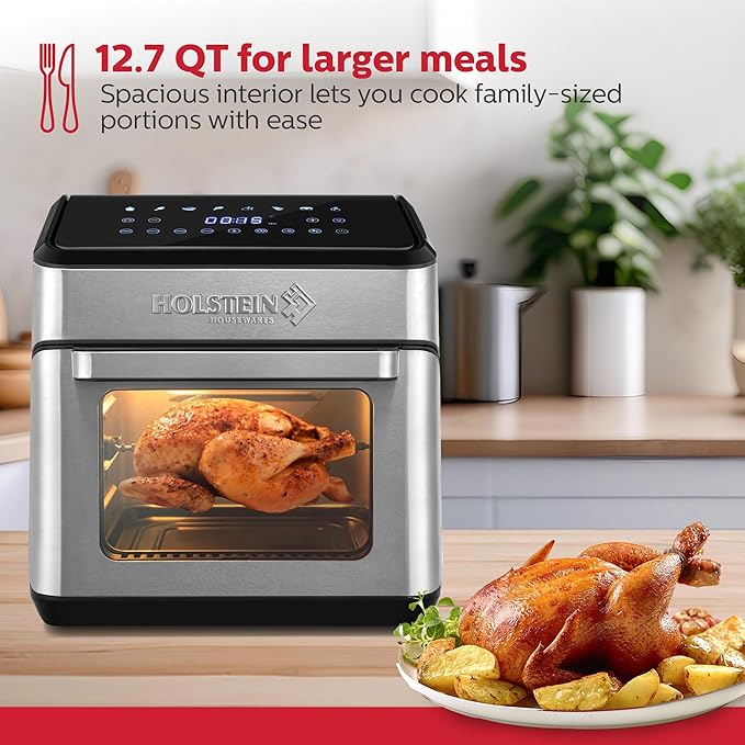 Holstein Housewares 12.7 QT Digital Air Fryer 8-in-1 with Hot Air Technology, Family Size, Viewing Window & Led Display. Air Fry, Bake, Grill, Dehydrate & Roast, Less Oil Use for Healthier Meals