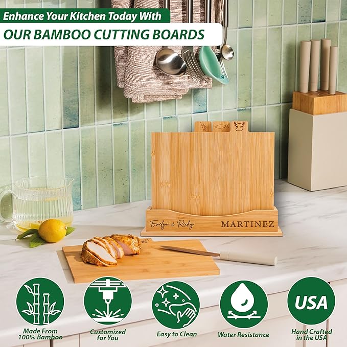 4-Piece Custom Wooden Chopping Boards for Kitchen, Wedding Gift for Couple 2025, Personalized Cutting Board Set with Holder, Gifts for Anniversary, Christmas, Housewarming, New Home, Engagement