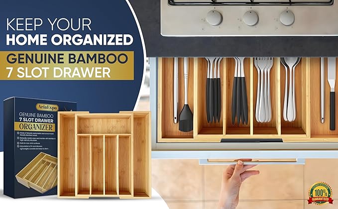 Expandable Bamboo Silverware Organizer Utensil Drawer Organizer Kitchen Utensil Organizer Cutlery Drawer Organizer 5-7 Slot Flatware Organizer For Drawers Gift Box 10-15 inch Length 14 Inch Height